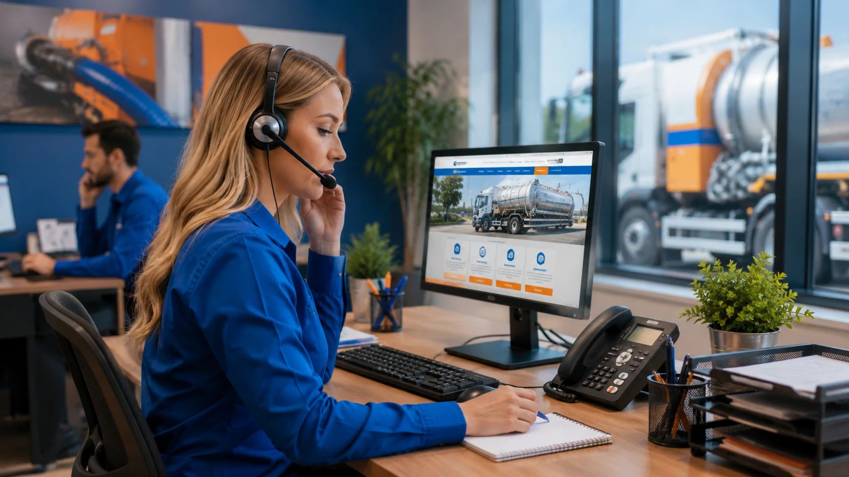 Operatrice del servizio clienti Ideal Jet al telefono con monitor dedicato alla gestione di richieste di spurghi, videoispezioni e pronto intervento.