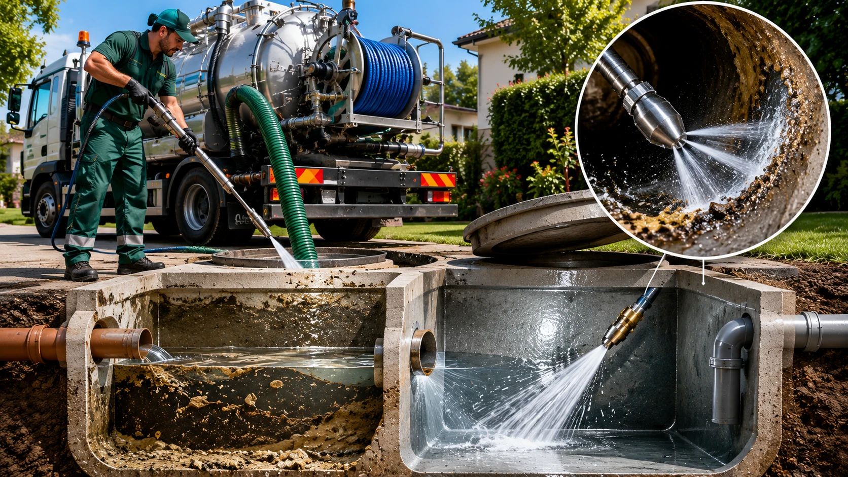 Lavaggio Canal-Jet Post Svuotamento Fossa Biologica Tecnico Ideal Jet esegue il lavaggio Canal-Jet ad alta pressione dopo lo svuotamento di una fossa biologica.