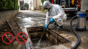 Tecnico specializzato durante la pulizia e la disinfestazione di un pozzetto di raccolta delle acque meteoriche per prevenire infestazioni di zanzare, insetti e roditori.