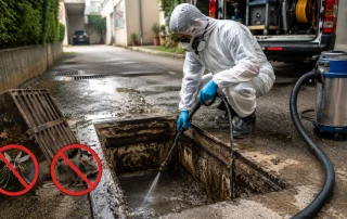 Tecnico specializzato durante la pulizia e la disinfestazione di un pozzetto di raccolta delle acque meteoriche per prevenire infestazioni di zanzare, insetti e roditori.