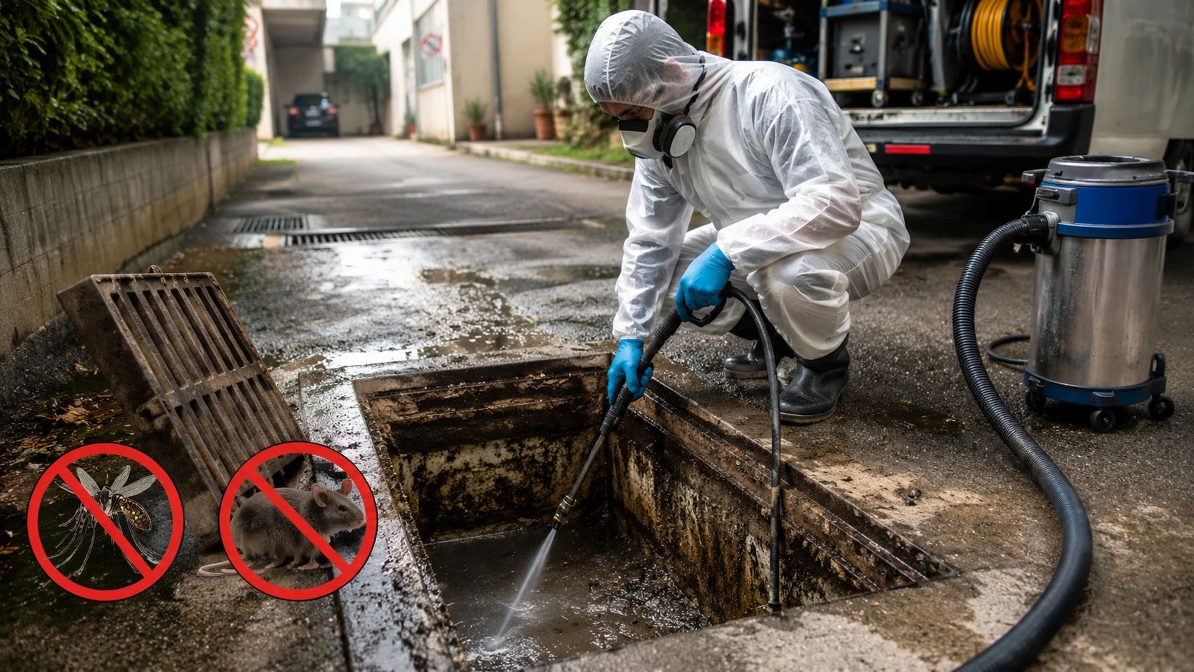 Tecnico specializzato durante la pulizia e la disinfestazione di un pozzetto di raccolta delle acque meteoriche per prevenire infestazioni di zanzare, insetti e roditori.