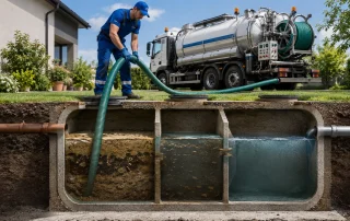Autospurgo Ideal Jet durante lo svuotamento di una fossa biologica con vista interna del funzionamento delle camere di decantazione e trattamento dei reflui.