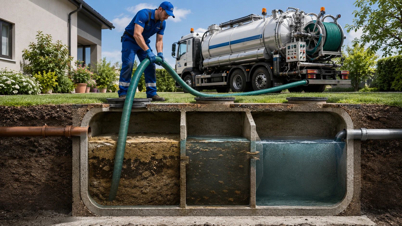 Svuotamento della Fossa Biologica a Monza e Brianza: Come Funziona e Quando Intervenire Autospurgo Ideal Jet durante lo svuotamento di una fossa biologica con vista interna del funzionamento delle camere di decantazione e trattamento dei reflui.