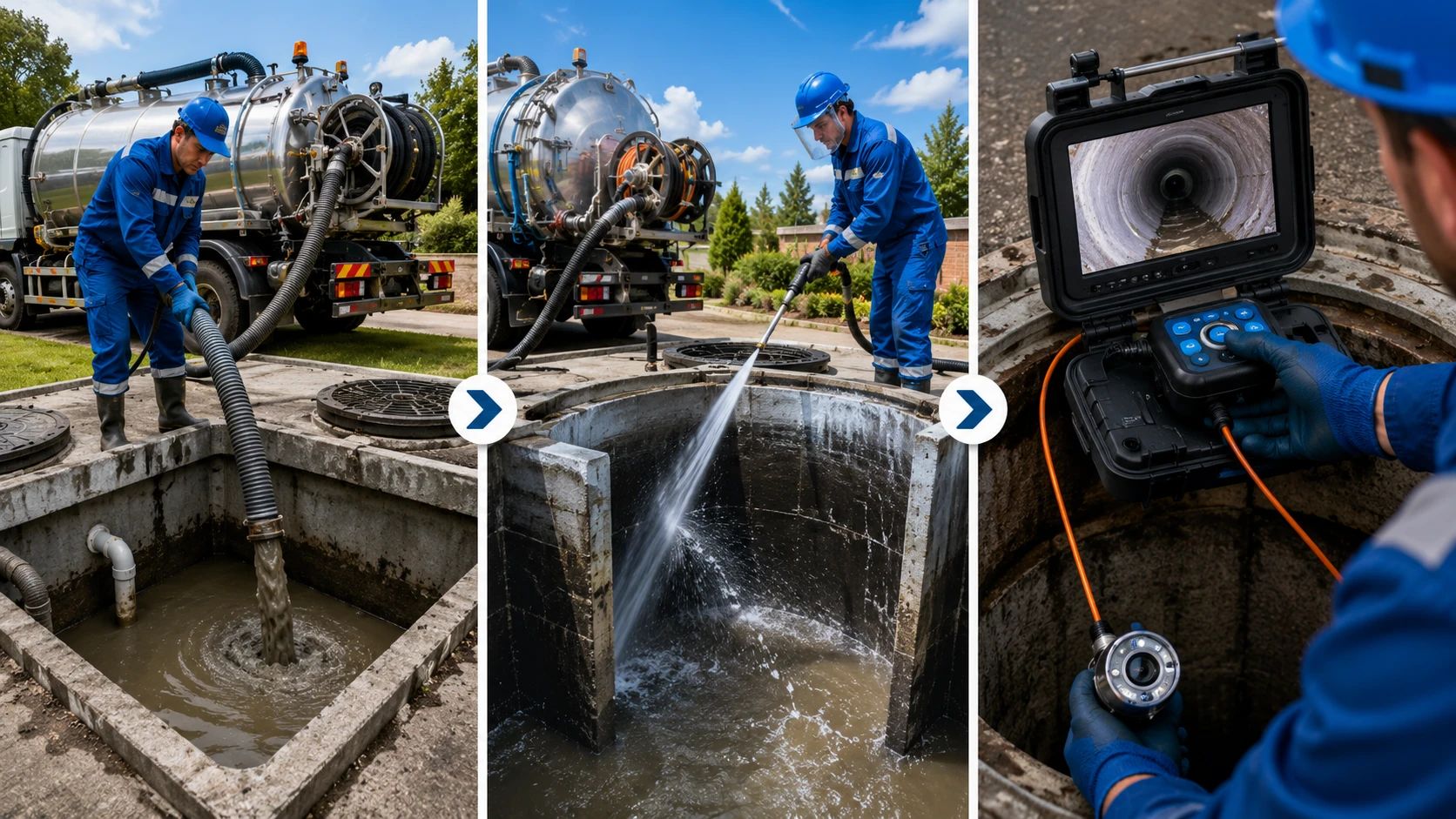 Come Interviene un Autospurgo Professionale: Svuotamento, Lavaggio Canal-Jet e Videoispezione HD Tre fasi della manutenzione professionale di una fossa biologica: aspirazione dei liquami, lavaggio Canal-Jet ad alta pressione e videoispezione HD delle tubazioni.