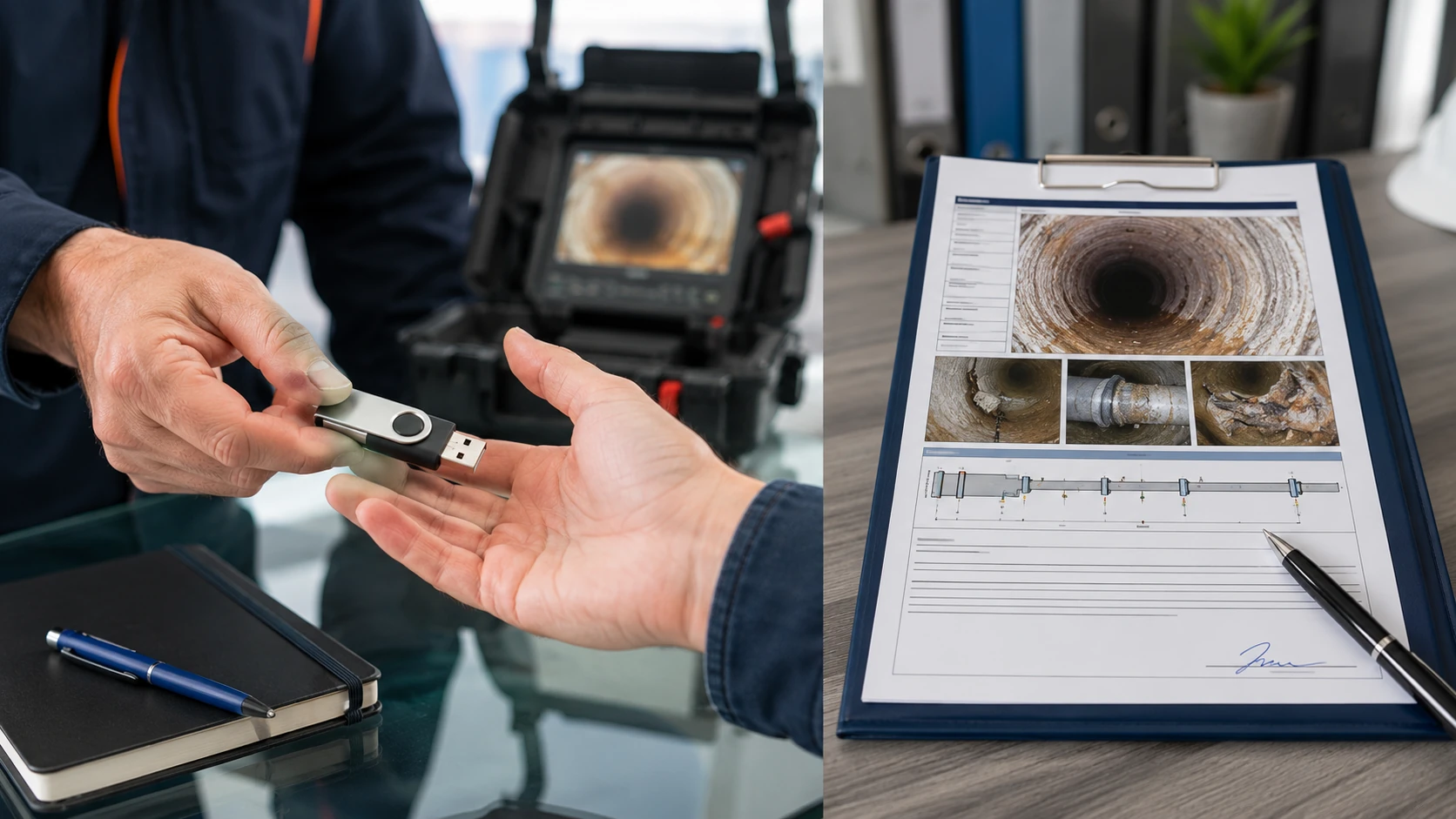 Consegna della registrazione HD della videoispezione fognaria su chiavetta USB e relazione tecnica certificata con fotografie, misurazioni e diagnosi delle tubazioni eseguita da Ideal-Jet.