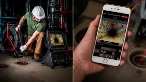 Tecnico esegue una videoispezione fognaria con sistema RIDGID SeeSnake® ad alta definizione e visualizzazione delle immagini in tempo reale su smartphone per individuare rotture, infiltrazioni e ostruzioni senza scavi.