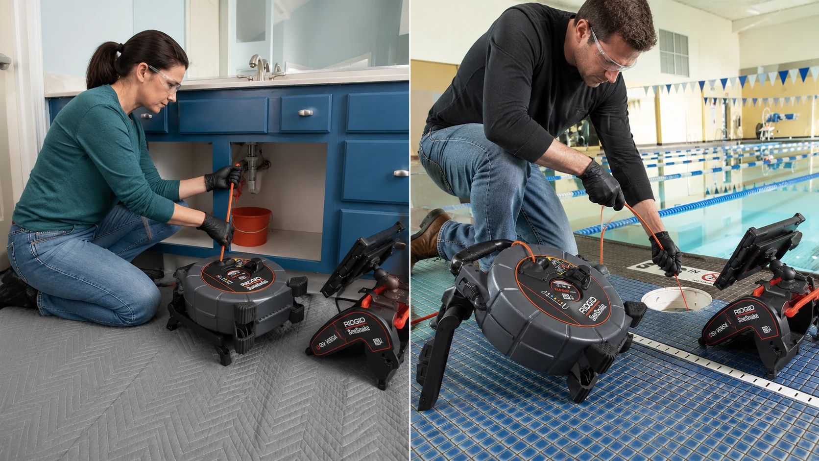 Tecnici eseguono una videoispezione di scarichi di piccolo diametro con sistema RIDGID SeeSnake® nanoReel, ideale per tubazioni da 30 mm, sifoni, colonne di scarico e condotte con curve a 90 gradi.