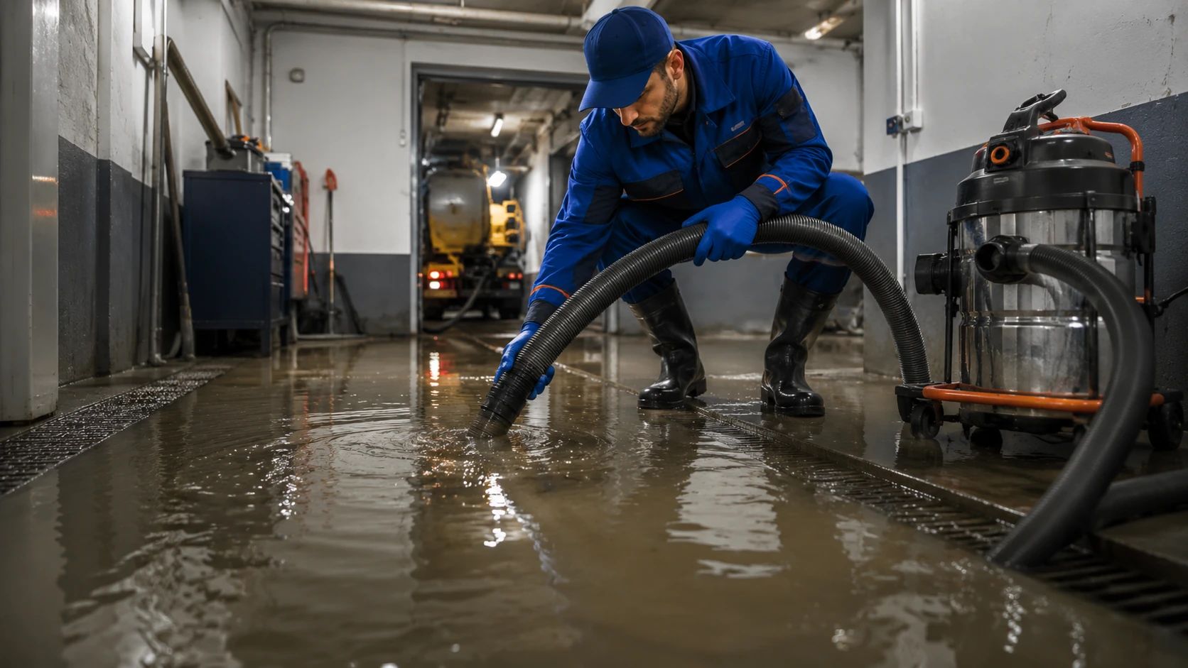 Allagamenti e Fuoriuscita di Liquami a Bresso Tecnico specializzato durante un intervento di aspirazione acqua e liquami in un locale allagato a Bresso.
