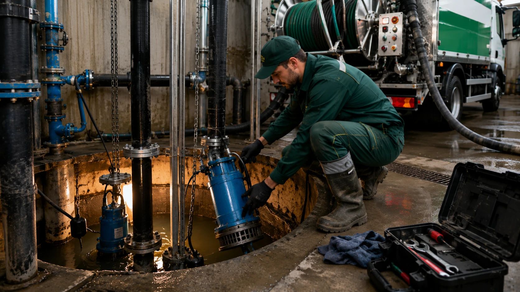 Assistenza e Ripristino Pompe Sommerse a Bresso Tecnico Ideal Jet durante la manutenzione e il ripristino di una pompa sommersa per acque reflue presso un impianto di sollevamento a Bresso.