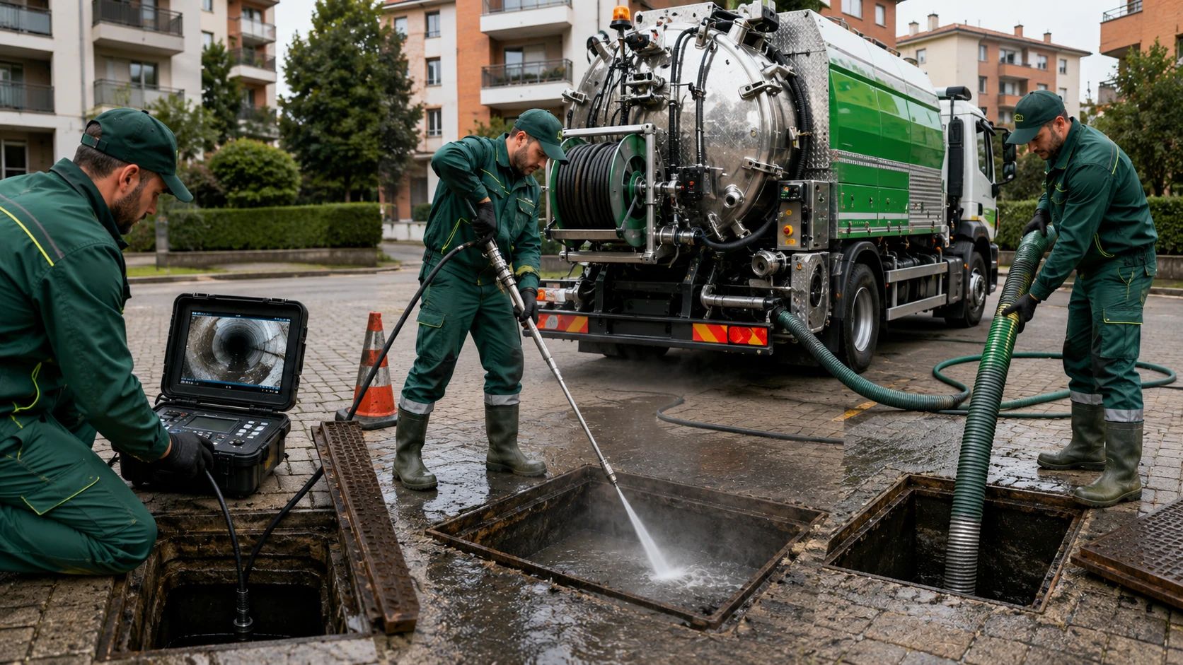 Disostruzione e Lavaggio Fognature a Bresso con Sistema Canal-Jet Operatori Ideal Jet eseguono videoispezione, lavaggio Canal-Jet e aspirazione liquami durante un intervento di disostruzione fognaria a Bresso.