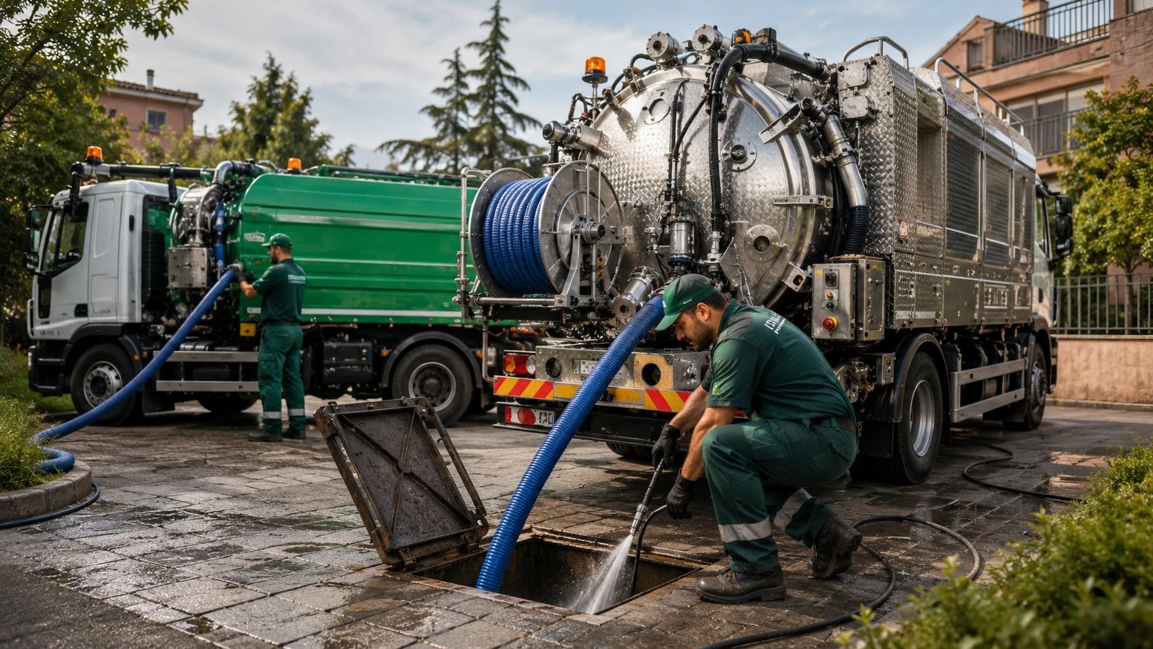 Autospurghi Ideal Jet con tecnologia Canal-Jet durante un intervento di pulizia fognature e disostruzione scarichi a Monza e Brianza.