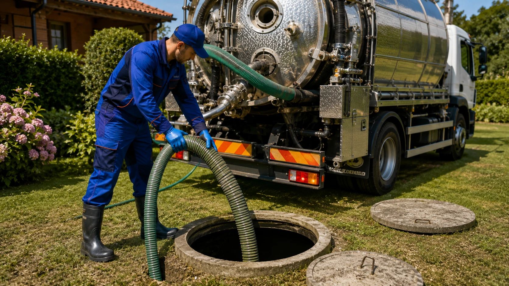 Svuotamento Fosse Biologiche e Pozzi Neri a Cinisello Balsamo Autospurgo professionale durante lo svuotamento di una fossa biologica e di un pozzo nero presso un'abitazione a Cinisello Balsamo.