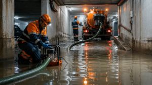 Tecnici Ideal Jet durante un intervento di emergenza allagamento in un garage interrato con motopompa idrovora e tubo di aspirazione collegato all'autospurgo.