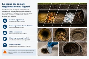 Schema illustrativo delle principali cause degli intasamenti fognari, tra cui grassi, residui organici, detriti, materiali non biodegradabili e radici.
