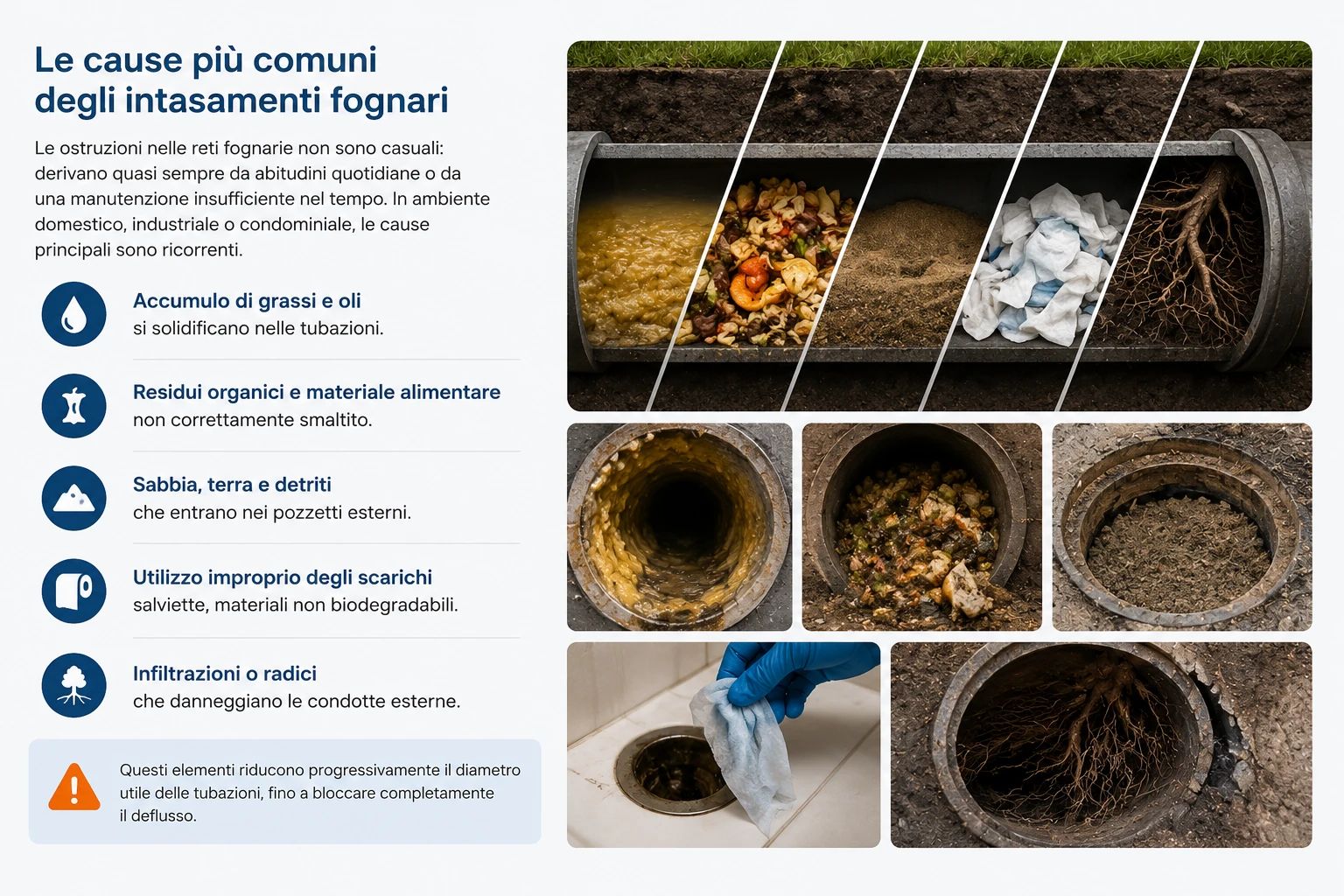 Schema illustrativo delle principali cause degli intasamenti fognari, tra cui grassi, residui organici, detriti, materiali non biodegradabili e radici.