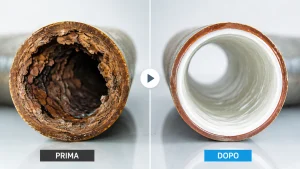 Confronto tra una tubazione gravemente deteriorata e la stessa condotta dopo il risanamento interno con tecnologia Relining senza scavo, eseguito da Ideal-Jet a Milano.