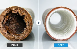 Confronto tra una tubazione gravemente deteriorata e la stessa condotta dopo il risanamento interno con tecnologia Relining senza scavo, eseguito da Ideal-Jet a Milano.