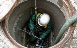 Tecnico Ideal-Jet all'interno di un pozzetto d'ispezione durante il risanamento e l'impermeabilizzazione delle pareti con malte cementizie impermeabili per reti fognarie.
