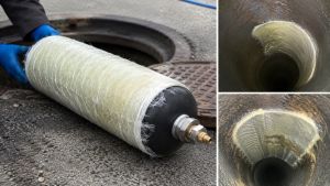 Sistema Packer avvolto in fibra di vetro impregnato di resina prima dell'inserimento nella tubazione e dettaglio della riparazione puntuale eseguita all'interno della condotta senza demolizioni.