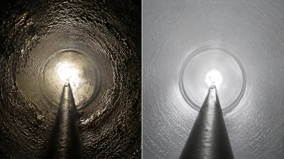 Prima e dopo la pulizia con videoispezione di un condotto fognario a Crescenzago in Via Padova, con tubazione ripristinata e perfettamente ispezionabile.