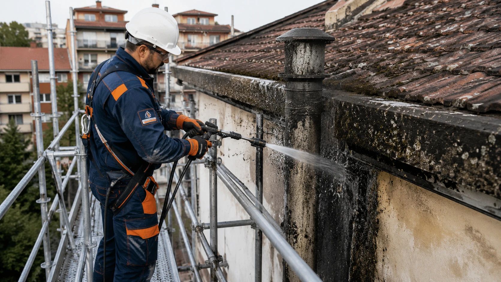 Disostruzione Scarichi Condominiali e Pulizia Colonne Montanti Tecnico Ideal Jet su trabattello durante la pulizia delle colonne montanti e la disostruzione degli scarichi condominiali dal tetto.