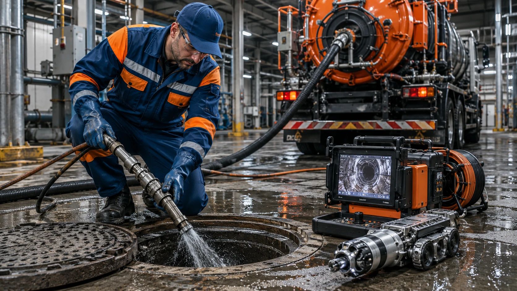 Tecnico Ideal Jet esegue la disostruzione di una rete fognaria industriale con tecnologia Canal-Jet ad alta pressione e sistema di videoispezione robotizzato.
