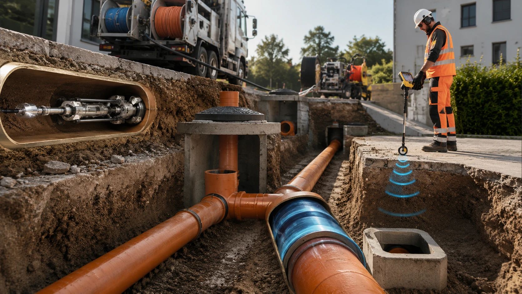 Edilizia Fognaria e Ripristino Condotte Senza Scavo Intervento di edilizia fognaria con riparazione di tubazioni interrate, risanamento condotte senza scavo e localizzazione di pozzetti tramite geolocalizzazione.