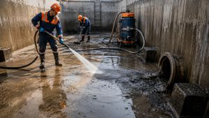 Operatori specializzati durante la pulizia di una vasca di accumulo e di un impianto fognario mediante lavaggio ad alta pressione e aspirazione dei fanghi.