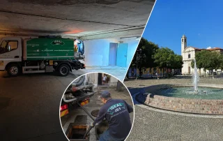 Autospurgo Ideal-Jet durante un intervento di manutenzione degli impianti fognari civili a Vimodrone con vista di Piazza Unità d'Italia, servizio per condomini, abitazioni e aziende.