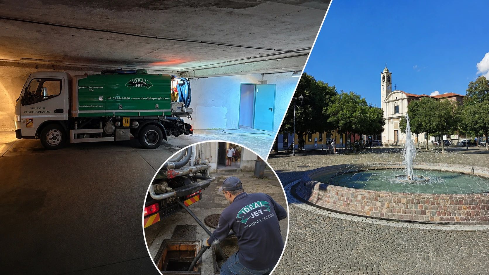 Manutenzione Impianti Fognari e Spurghi Civili a Vimodrone | Ideal-Jet Spurghi Ecologici Autospurgo Ideal-Jet durante un intervento di manutenzione degli impianti fognari civili a Vimodrone con vista di Piazza Unità d'Italia, servizio per condomini, abitazioni e aziende.