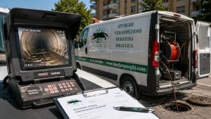 Monitor RIDGID SeeSnake durante una videoispezione fognaria con immagini HD della tubazione e relazione tecnica Ideal-Jet per perizie assicurative e condomini a Milano.