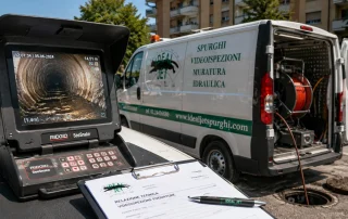 Monitor RIDGID SeeSnake durante una videoispezione fognaria con immagini HD della tubazione e relazione tecnica Ideal-Jet per perizie assicurative e condomini a Milano.