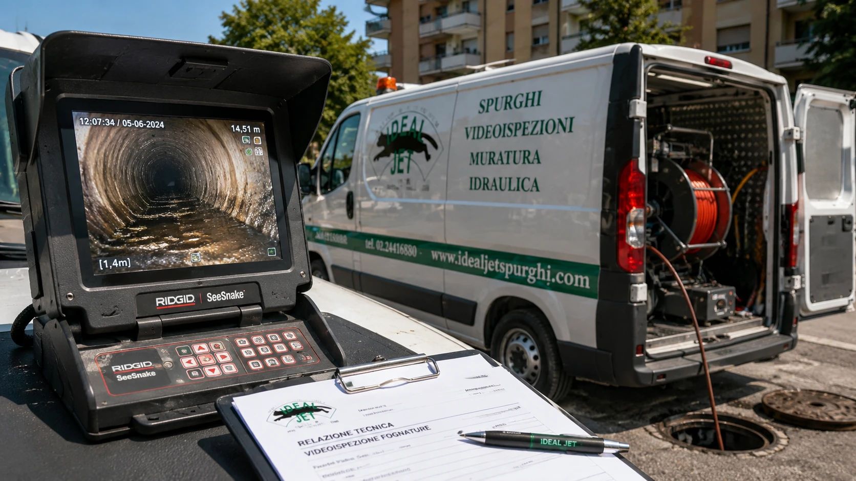 Relazione Tecnica Videoispezione Fognature con Sistema RIDGID SeeSnake | Ideal-Jet Milano Monitor RIDGID SeeSnake durante una videoispezione fognaria con immagini HD della tubazione e relazione tecnica Ideal-Jet per perizie assicurative e condomini a Milano.