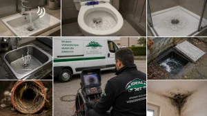 Collage con i principali segnali di una rete fognaria ostruita: WC che rigurgita, scarichi lenti, pozzetti che traboccano, cattivi odori, muffa sulle pareti e videoispezione delle tubazioni con telecamera RIDGID.