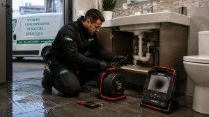 Tecnico Ideal-Jet esegue una videoispezione delle tubazioni con microcamera RIDGID nanoReel per individuare la causa di uno scarico intasato e del rigurgito dell'acqua in un appartamento a Milano.
