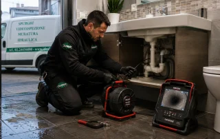 Tecnico Ideal-Jet esegue una videoispezione delle tubazioni con microcamera RIDGID nanoReel per individuare la causa di uno scarico intasato e del rigurgito dell'acqua in un appartamento a Milano.