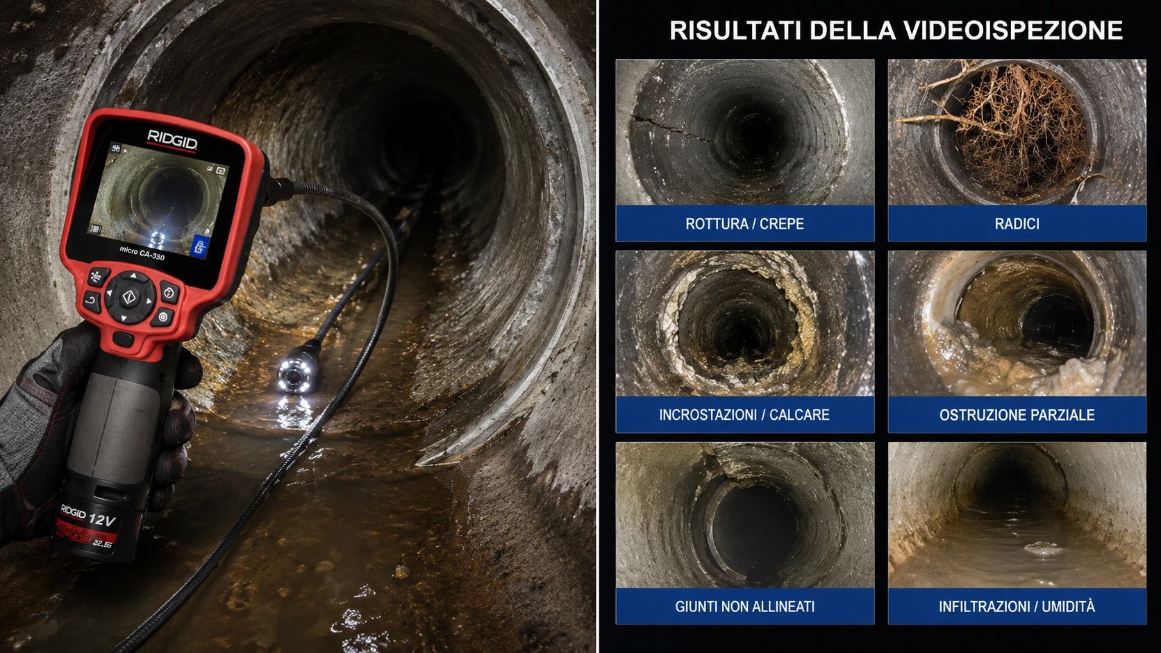 Telecamera RIDGID per Videoispezione di Fognature e Tubazioni a Milano Tecnico Ideal-Jet utilizza una telecamera RIDGID professionale per la videoispezione di fognature, tubazioni e scarichi, individuando rotture, ostruzioni e infiltrazioni senza demolizioni.