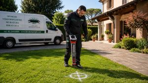 Tecnico Ideal-Jet utilizza il localizzatore RIDGID NaviTrack per individuare un tombino interrato e il percorso delle condotte fognarie senza effettuare scavi in un giardino a Milano.