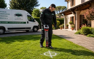 Tecnico Ideal-Jet utilizza il localizzatore RIDGID NaviTrack per individuare un tombino interrato e il percorso delle condotte fognarie senza effettuare scavi in un giardino a Milano.