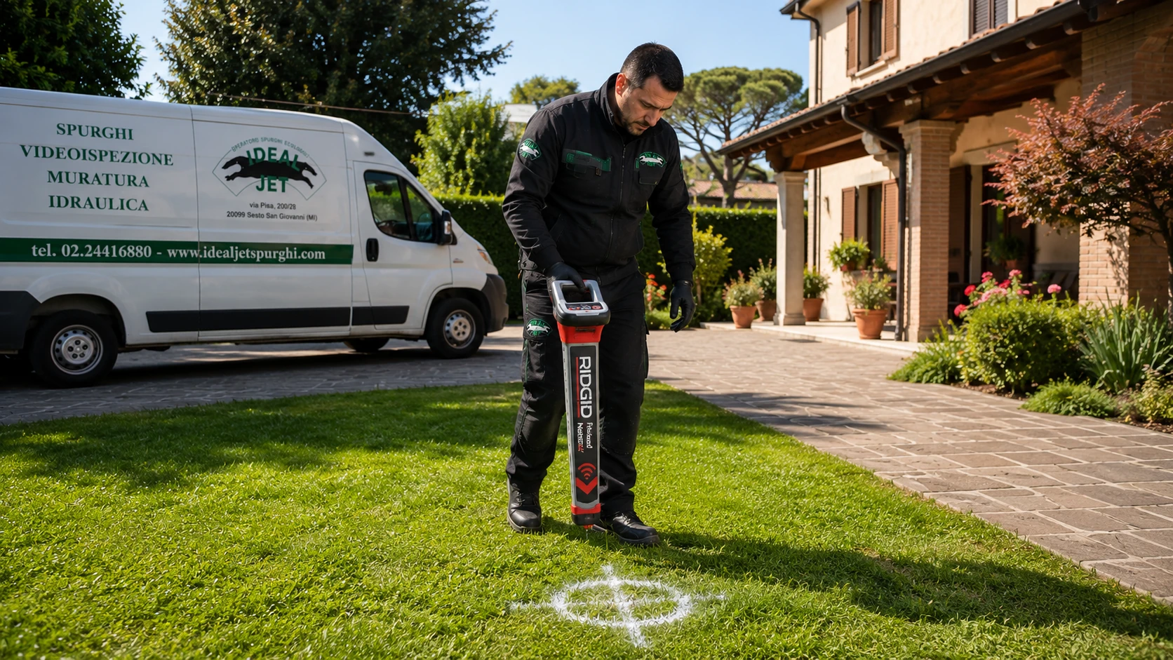 Tecnico Ideal-Jet utilizza il localizzatore RIDGID NaviTrack per individuare un tombino interrato e il percorso delle condotte fognarie senza effettuare scavi in un giardino a Milano.