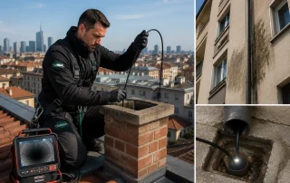 Monitor RIDGID SeeSnake durante una videoispezione di canne fumarie e pluviali a Milano con rilevamento di radici e cedimenti strutturali all'interno della condotta.