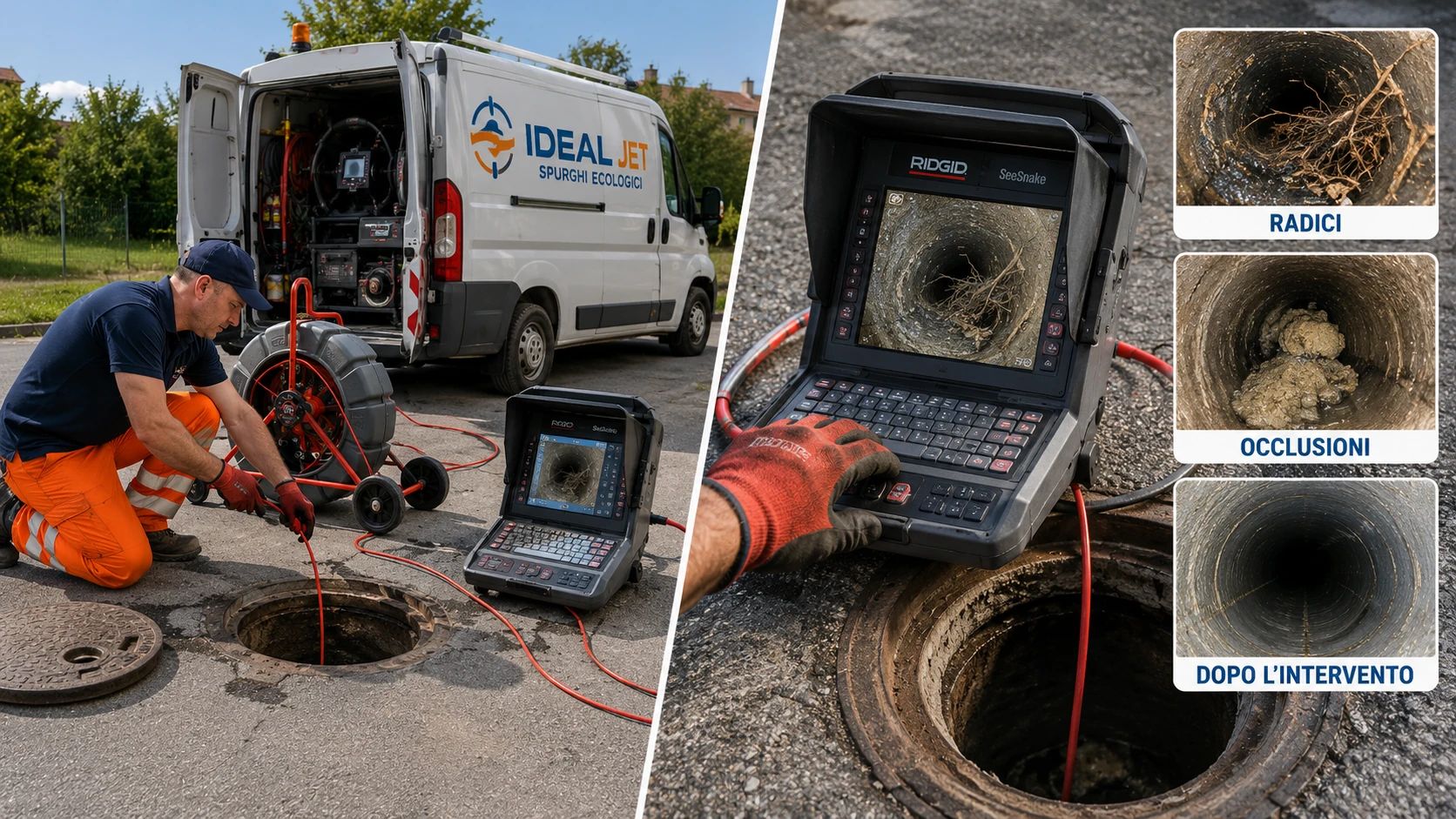 Videoispezione fognature Milano con telecamere professionali RIDGID Tecnico Ideal Jet esegue una videoispezione delle fognature a Milano con telecamera RIDGID per individuare rotture, radici, occlusioni e verificare lo stato delle tubazioni.