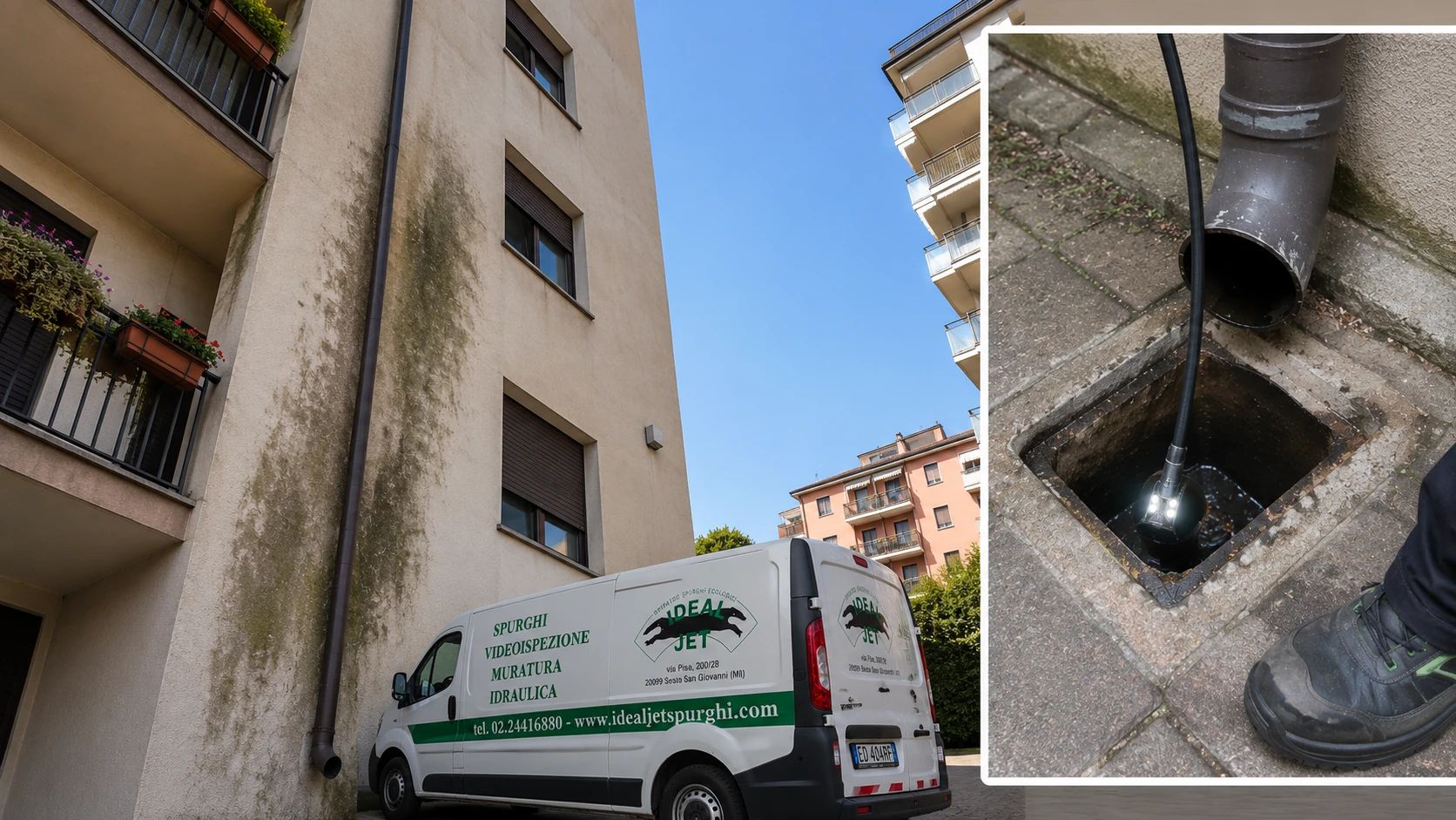 Tecnico Ideal-Jet esegue la videoispezione di un pluviale condominiale per individuare crepe, infiltrazioni e ostruzioni responsabili di muffa e umidità sulle facciate a Milano.