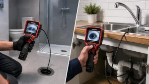 Tecnico esegue videoispezione degli scarichi domestici di bagno e cucina con telecamera RIDGID per individuare ostruzioni, perdite e rotture senza demolizioni.