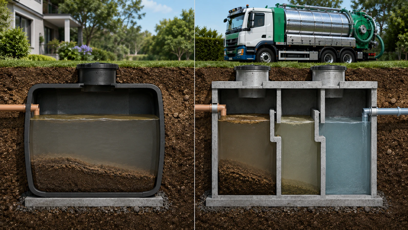 Schema tecnico comparativo tra pozzo nero a tenuta stagna e fossa biologica a deflusso continuo